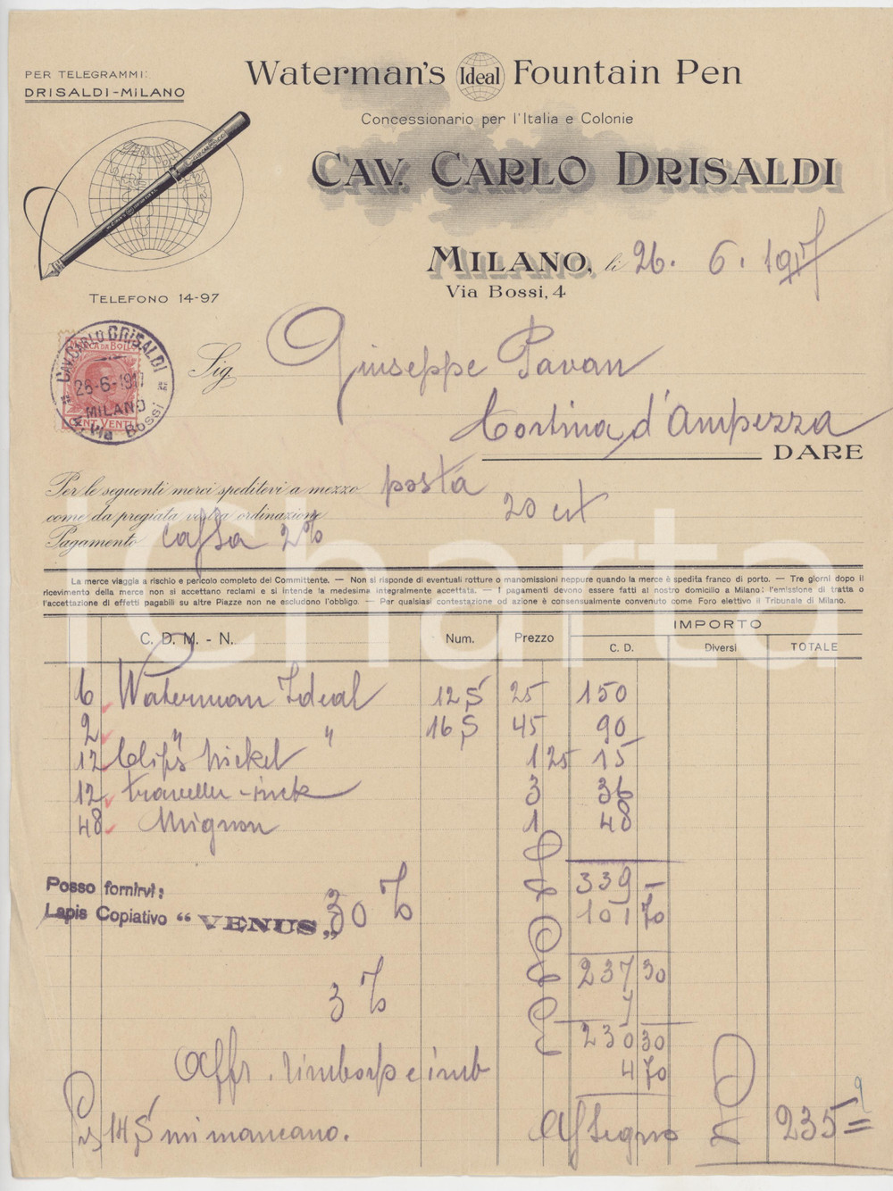 1917 MILANO Via Bossi 4 Cav. Carlo DRISALDI Concessionario WATERMAN'S - Fattura Fattura d'epoca manoscritta, su carta intestata.Presente marca da bollo.PAGINE: 1 POOR/danneggiato piegature d'epoca; strappi al margine destro Formato: 21x28 cm originale e autentica 1