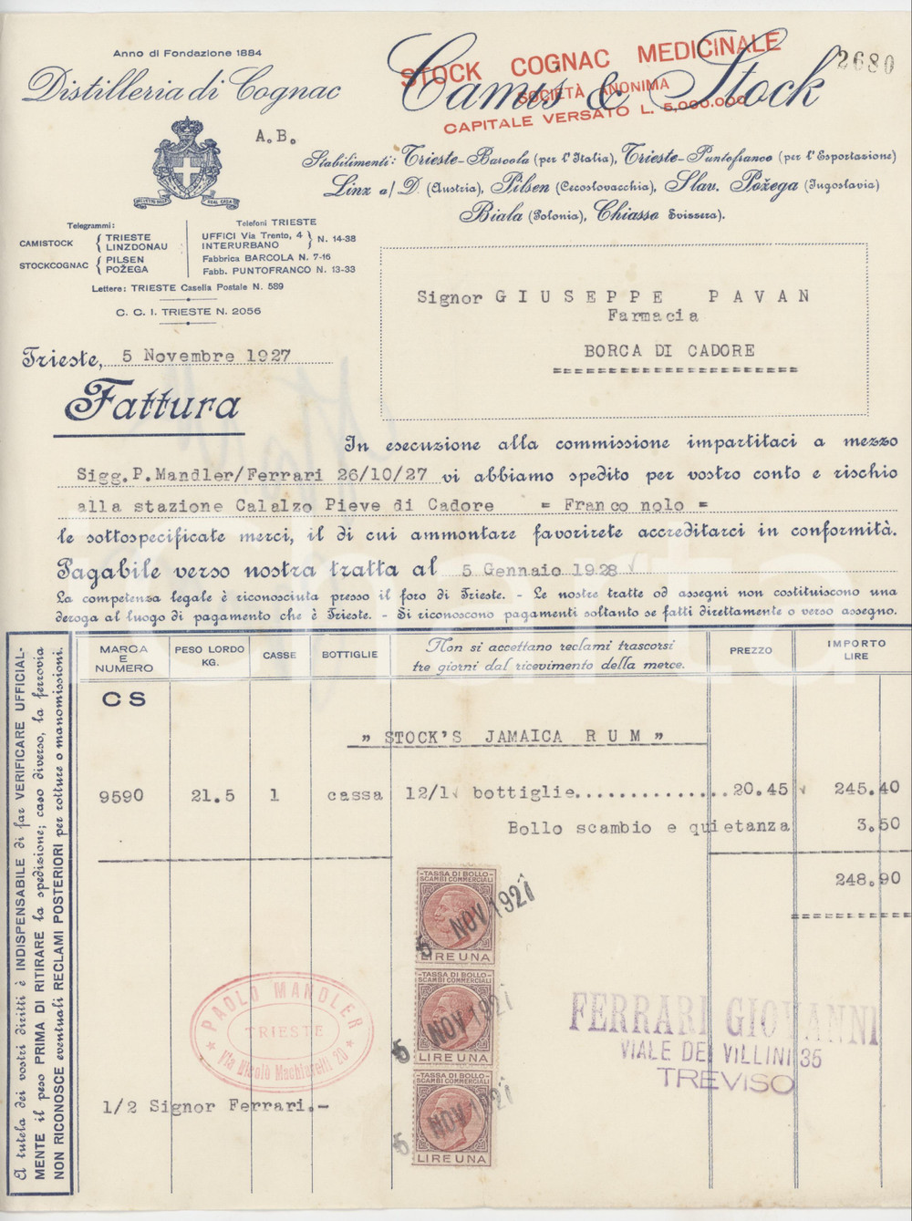 1927 TRIESTE - S.A. Stock Cognac Medicinale - Fattura per Stock's Jamaica Rum Fattura commerciale d'epoca dattiloscritta, su carta intestata.Presenti marche da bollo.PAGINE: 1 FAIR/discreto piegature d'epoca; lieve mancanza all'angolo superiore destro; piccoli strappi al margine destro; lievi fioriture Formato: 22x28 cm originale e autentica 1