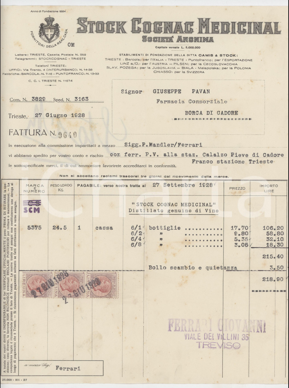 1928 TRIESTE - S.A. Stock Cognac Medicinal - Fattura per Stock Cognac Medicinal