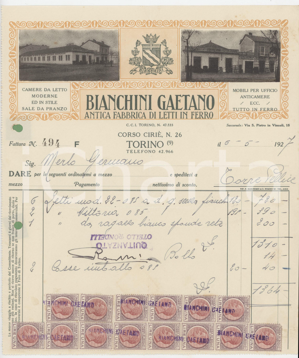 Documento originale, autentico 1927 TORINO Corso Ciriè 26  Gaetano BIANCHINI Fabbrica letti in ferro  Fattura 1