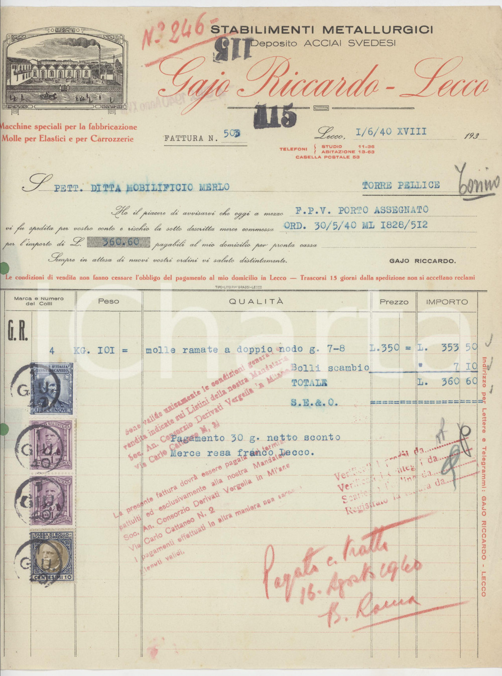 Documento originale, autentico 1940 LECCO Riccardo GAJO Stabilimenti metallurgici  Fattura per molle ramate 1