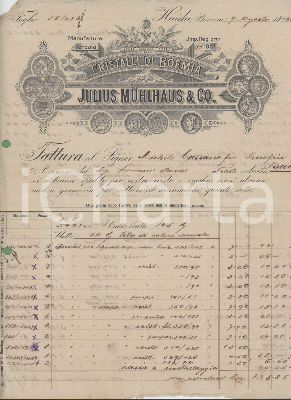 Documento originale, autentico 1913 HAIDA BOEMIA Julius Mühlhaus & CO. Cristalli di Boemia  Fattura 1