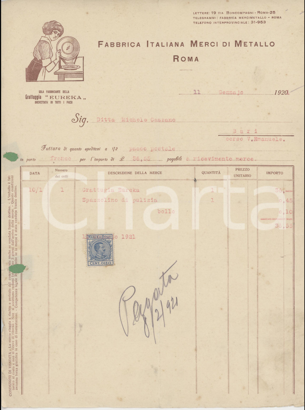 1921 ROMA Fabbrica Italiana Merci di Metallo - Fattura per grattugia EUREKA
