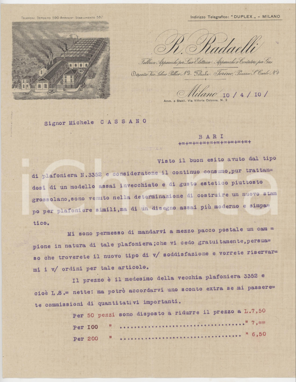 Documento originale, autentico 1910 MILANO Via Vittoria Colonna R. RADAELLI Apparecchi luce elettrica  Lettera 1