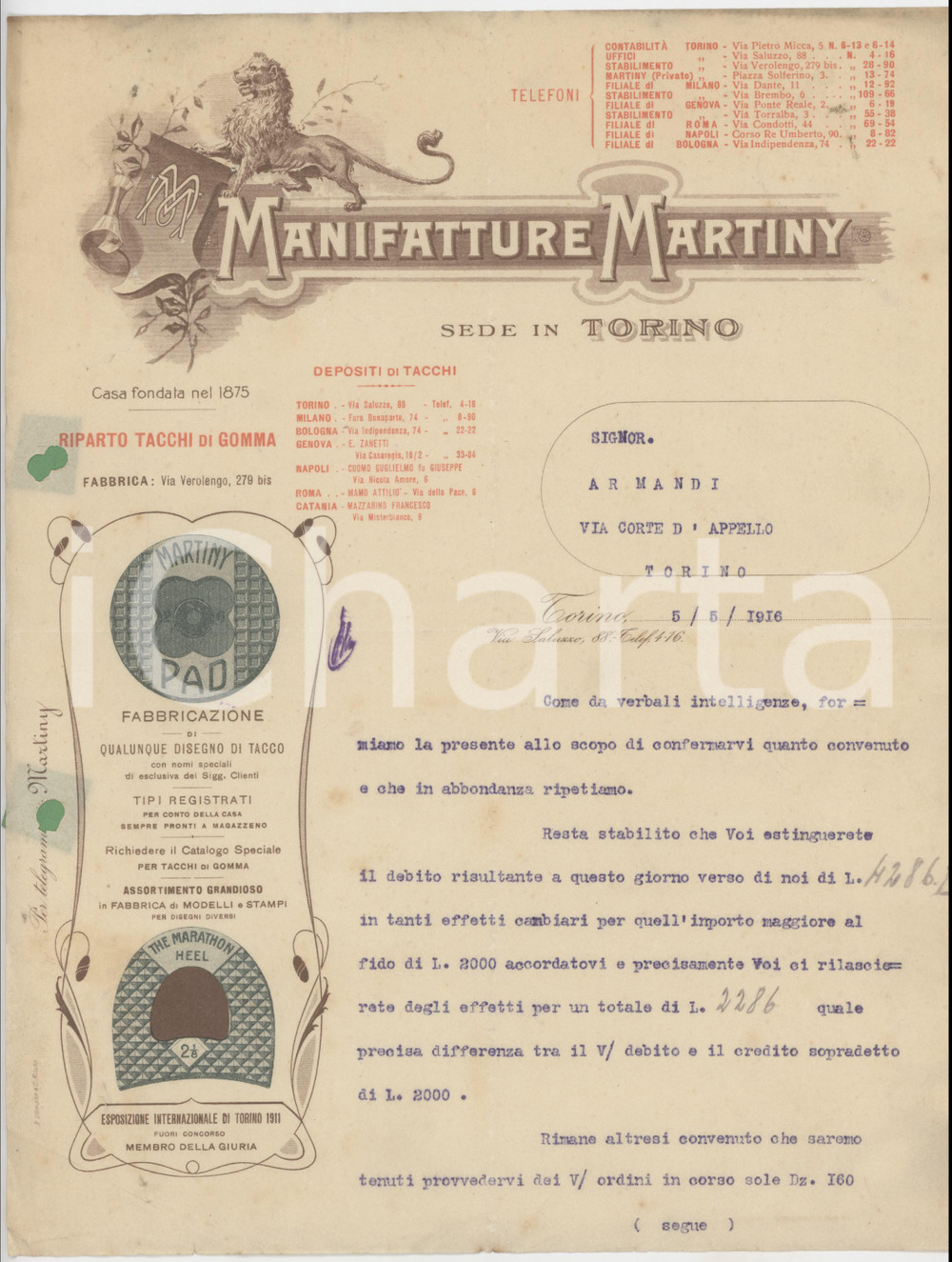 Documento originale, autentico 1916 TORINO Via Saluzzo 88 Manifatture MARTINY Fabbrica tacchi in gomma Lettera 1