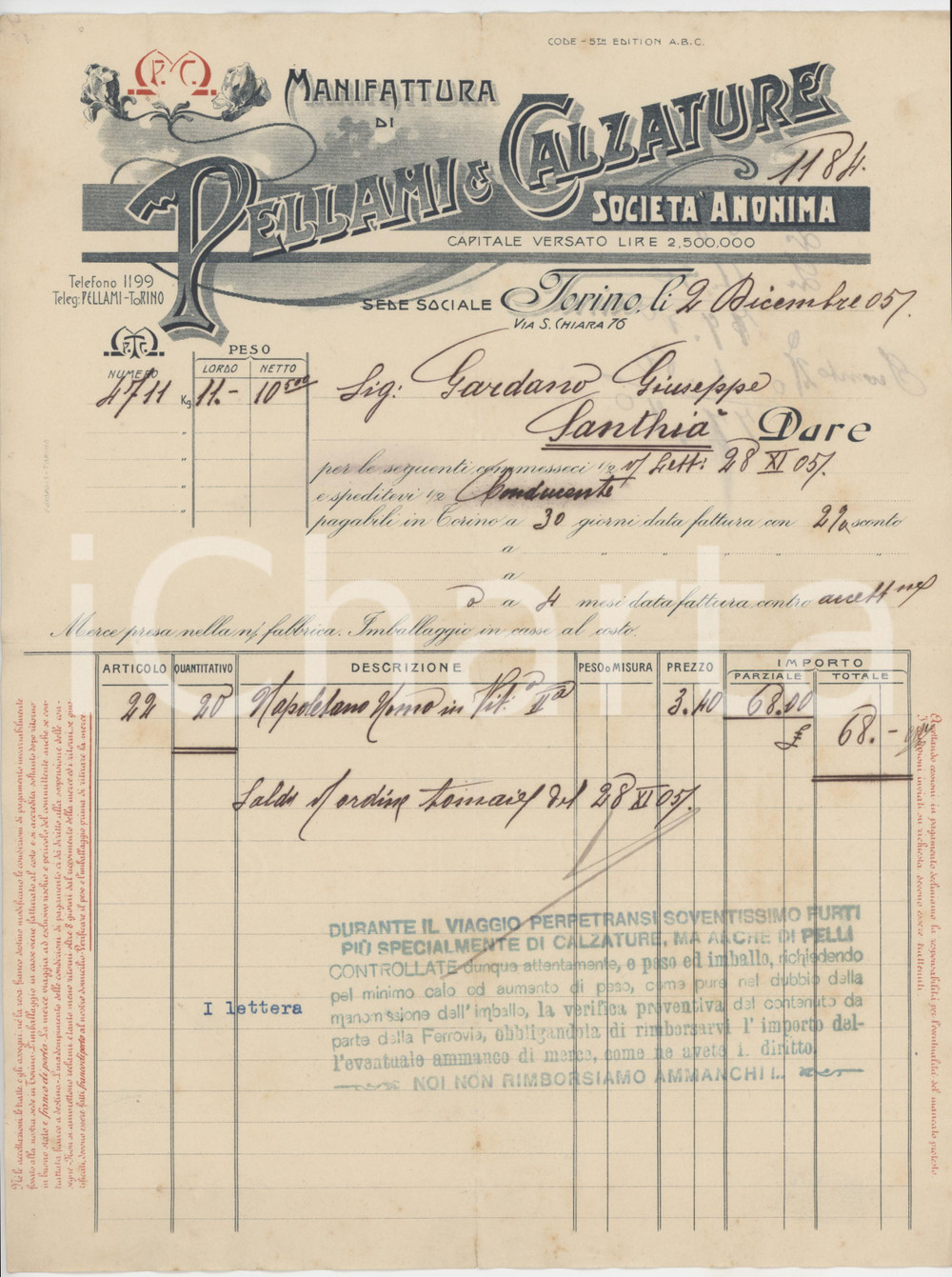 Documento originale, autentico 1905 TORINO Via S. Chiara 76 MPC Manifattura di Pellami e Calzature  Fattura 1