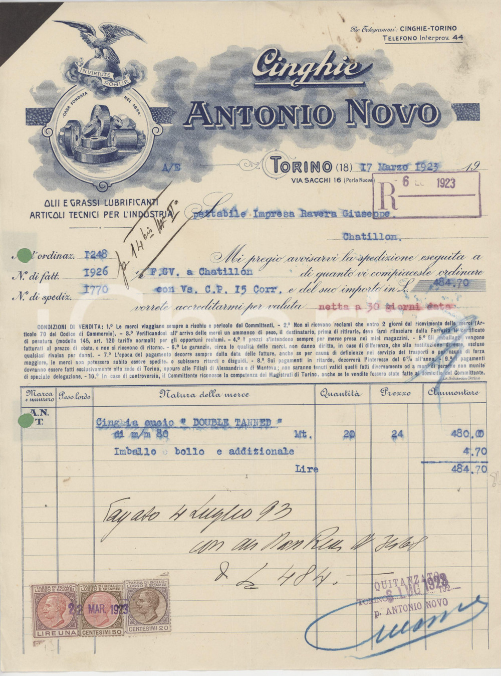 1923 TORINO Via Sacchi 16 - Antonio NOVO Cinghie *Fattura commerciale illustrata