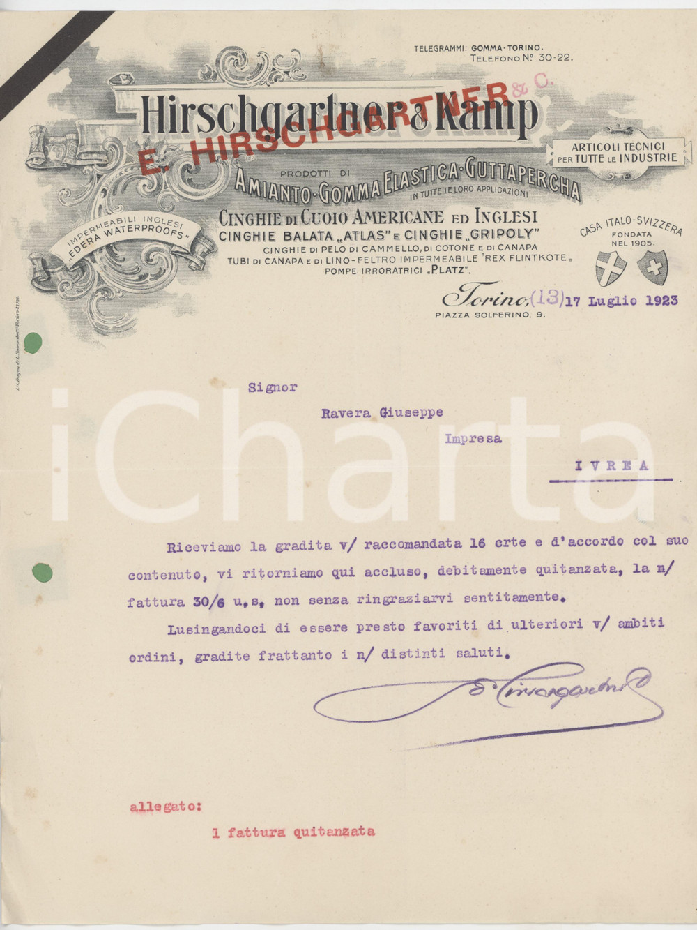 1923 TORINO Piazza Solferino 9 - E. HIRSCHGARTNER & C. Articoli tecnici *Lettera