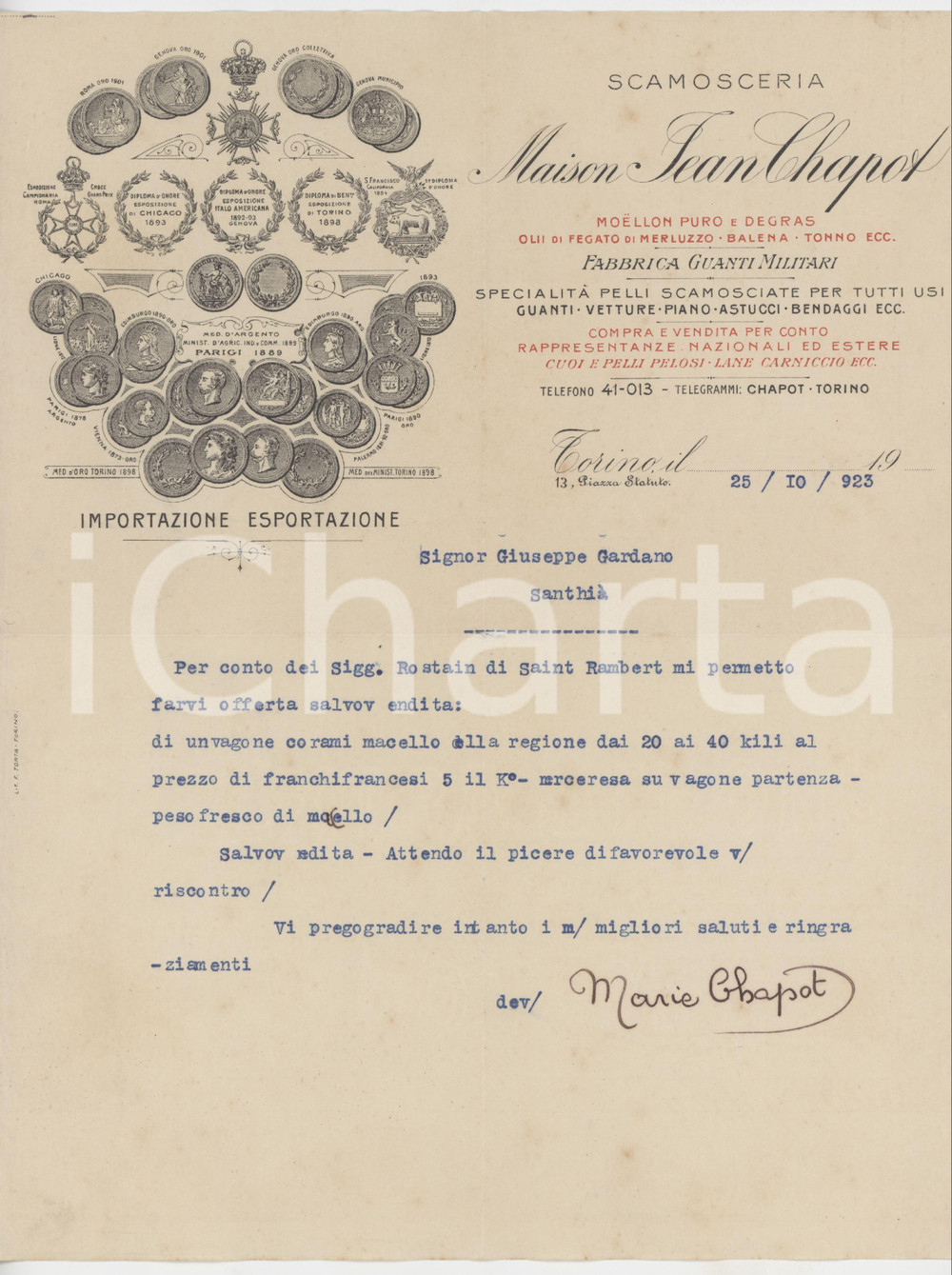 1923 TORINO Piazza Statuto 13 - Maison Jean CHAPOT Scamosceria - Lettera Lettera commerciale d'epoca dattiloscritta, su carta intestata.PAGINE: 1 FAIR/discreto piegature d'epoca, con minimo taglio centrale Formato: 22x28 cm originale e autentica 1