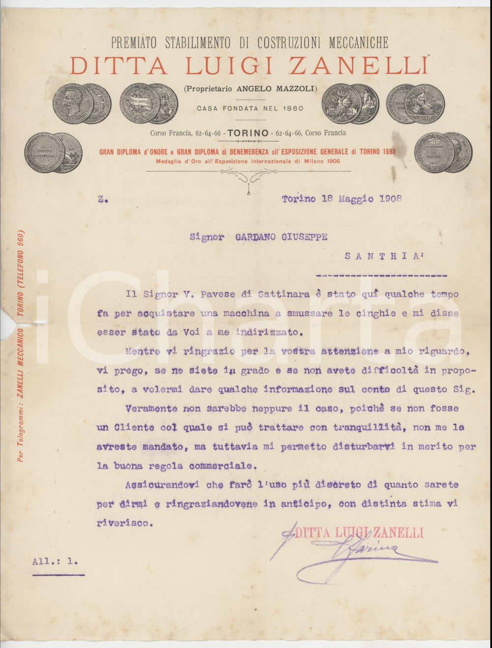 1908 TORINO Corso Francia - Ditta Luigi ZANELLI Costruzioni meccaniche - Lettera