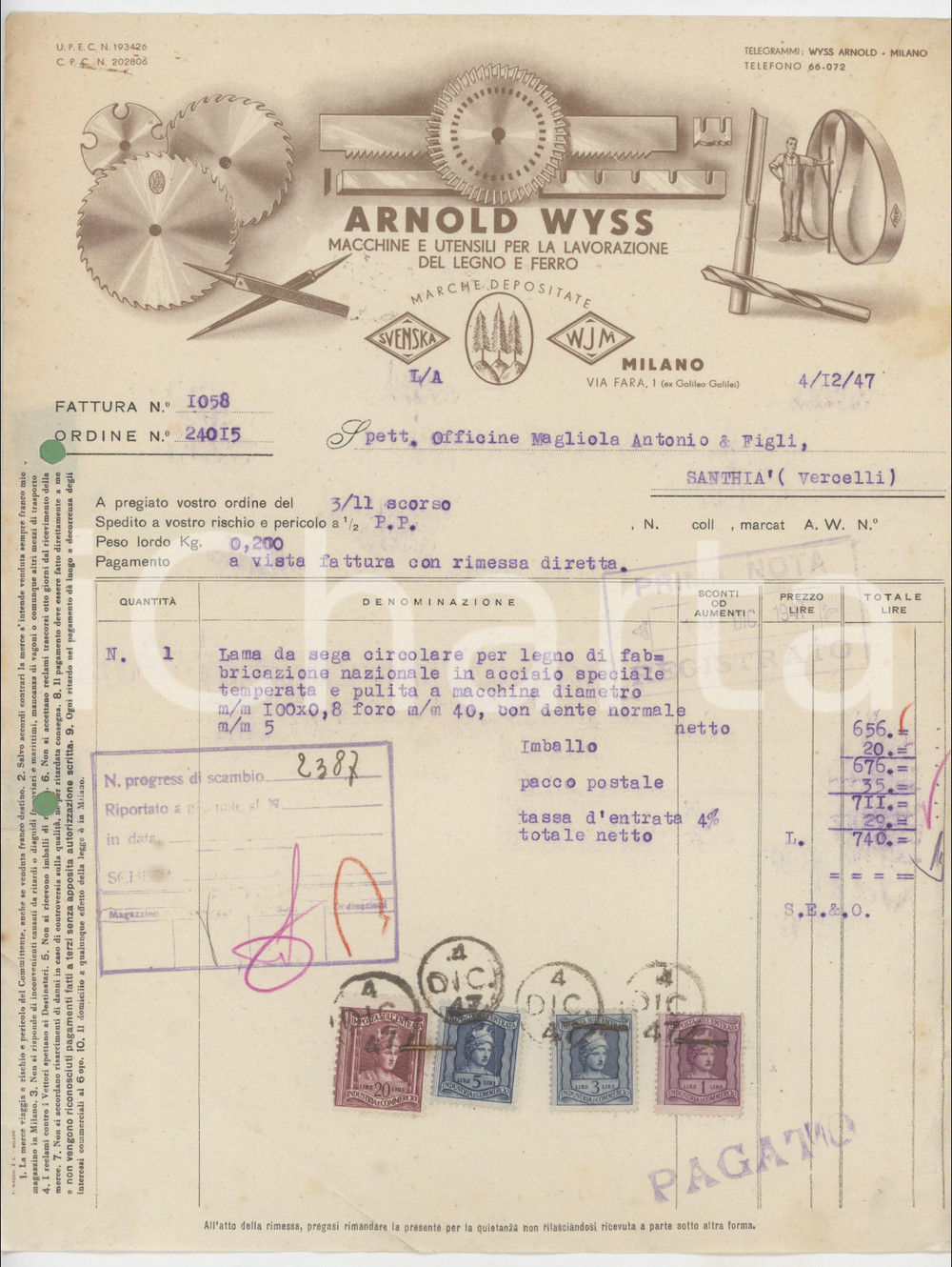 1947 MILANO Via Fara Arnold WYSS Macchine e utensili per legno e ferro - Fattura