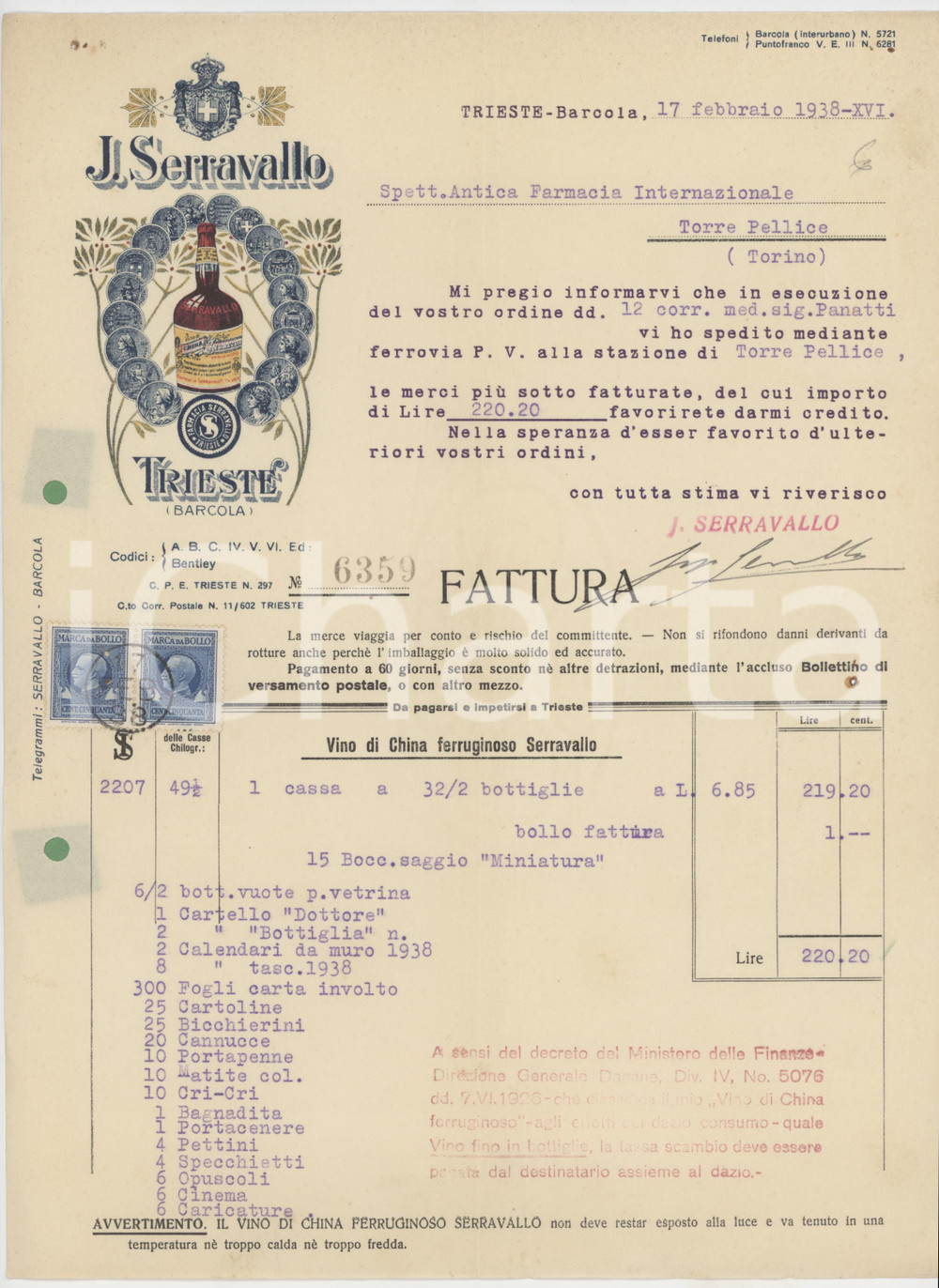 1938 TRIESTE (BARCOLA) Farmacia J. SERRAVALLO Vino di China ferruginoso *Fattura