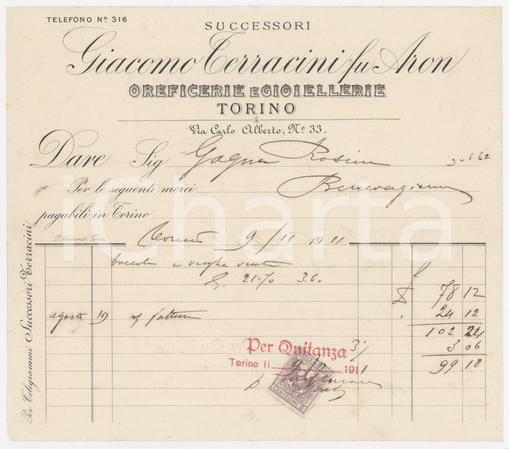 1911 TORINO Via Carlo Alberto 33 Giacomo TERRACINI fu Aron Oreficerie - Fattura