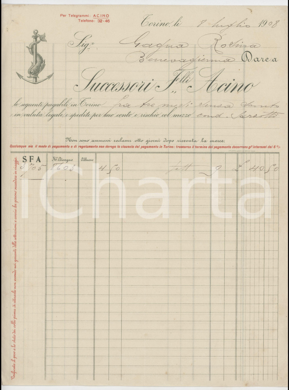 1908 TORINO Via Brofferio 3 Successori F.lli ACINO Stoffe - Fattura commerciale