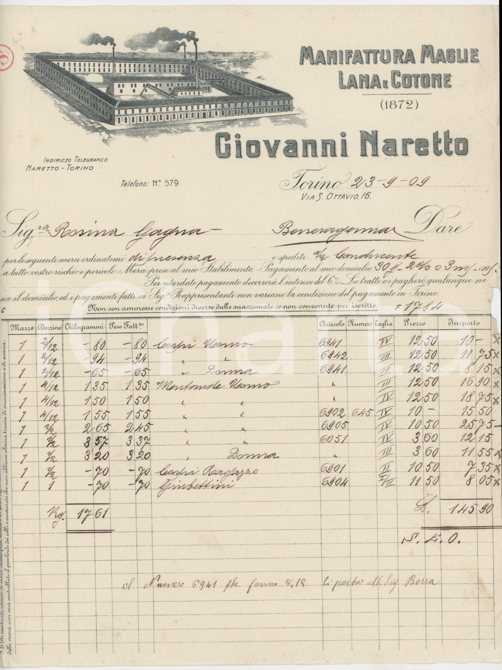 1909 TORINO Via S. Ottavio 16 - Giovanni NARETTO Manifattura maglie - Fattura