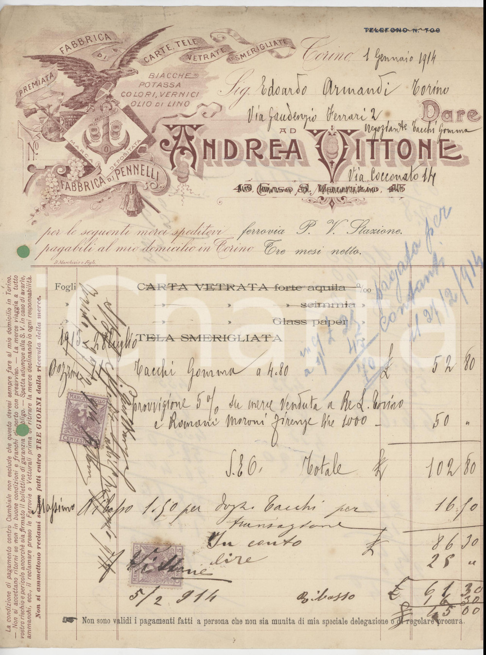 1914 TORINO Via Cocconato 14 Andrea VITTONE - Fattura per tacchi in gomma