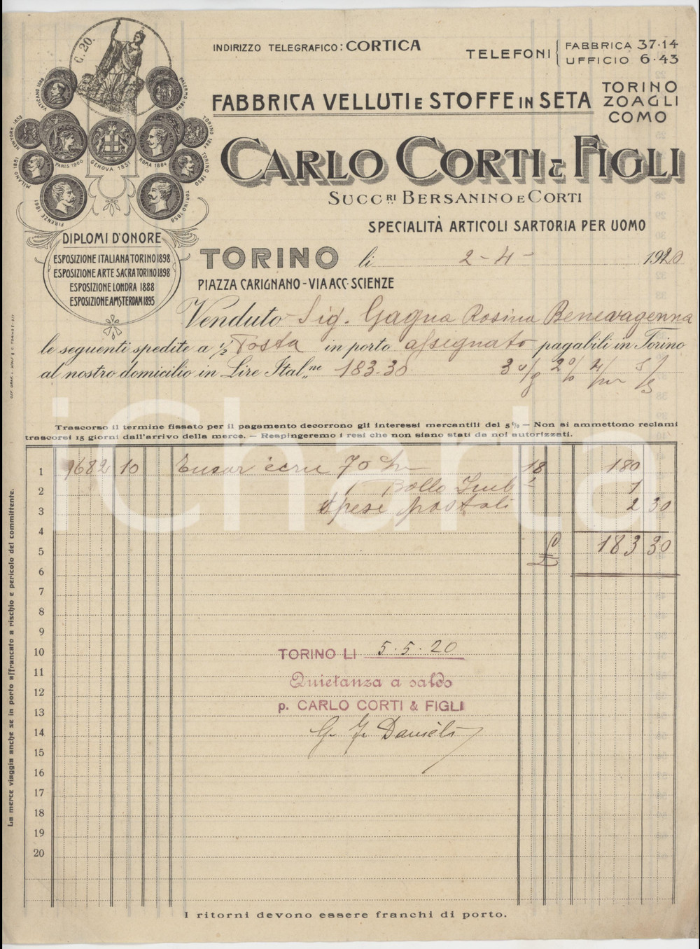 1920 TORINO Piazza Carignano - Carlo CORTI & Figli Fabbrica velluti - Fattura