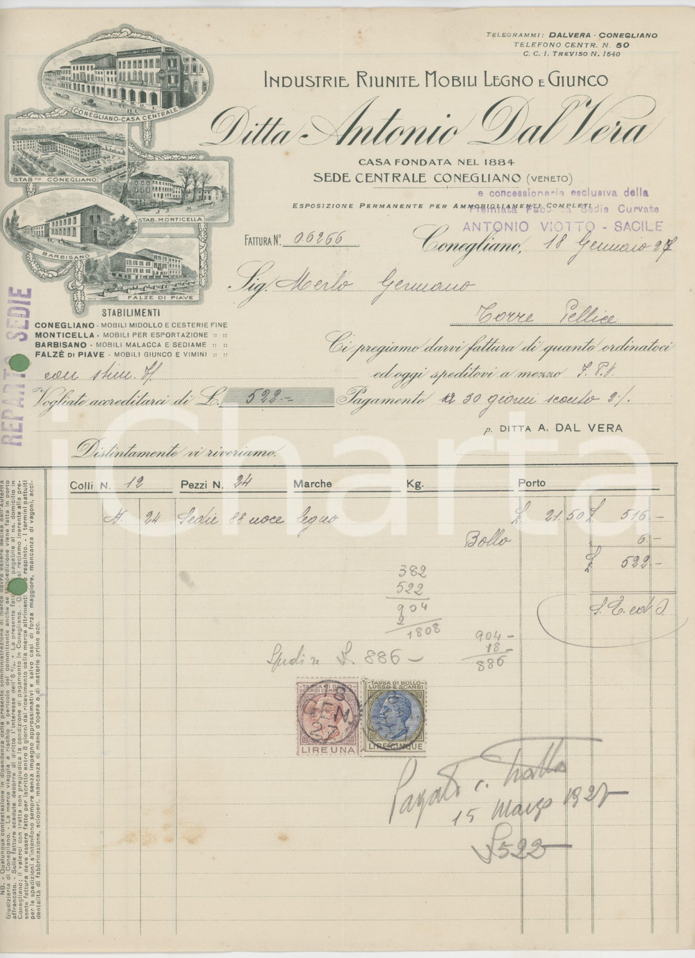 Documento originale, autentico 1927 CONEGLIANO TV Ditta Antonio DAL VERA Mobili in legno e giunco  Fattura 1