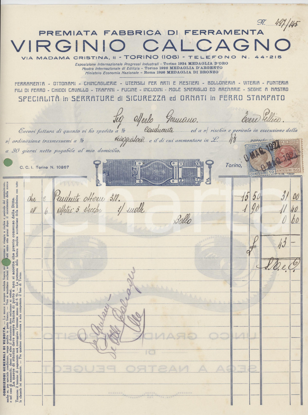 1927 TORINO Via Madama Cristina 2 Virginio CALCAGNO Fabbrica Ferramenta *Fattura