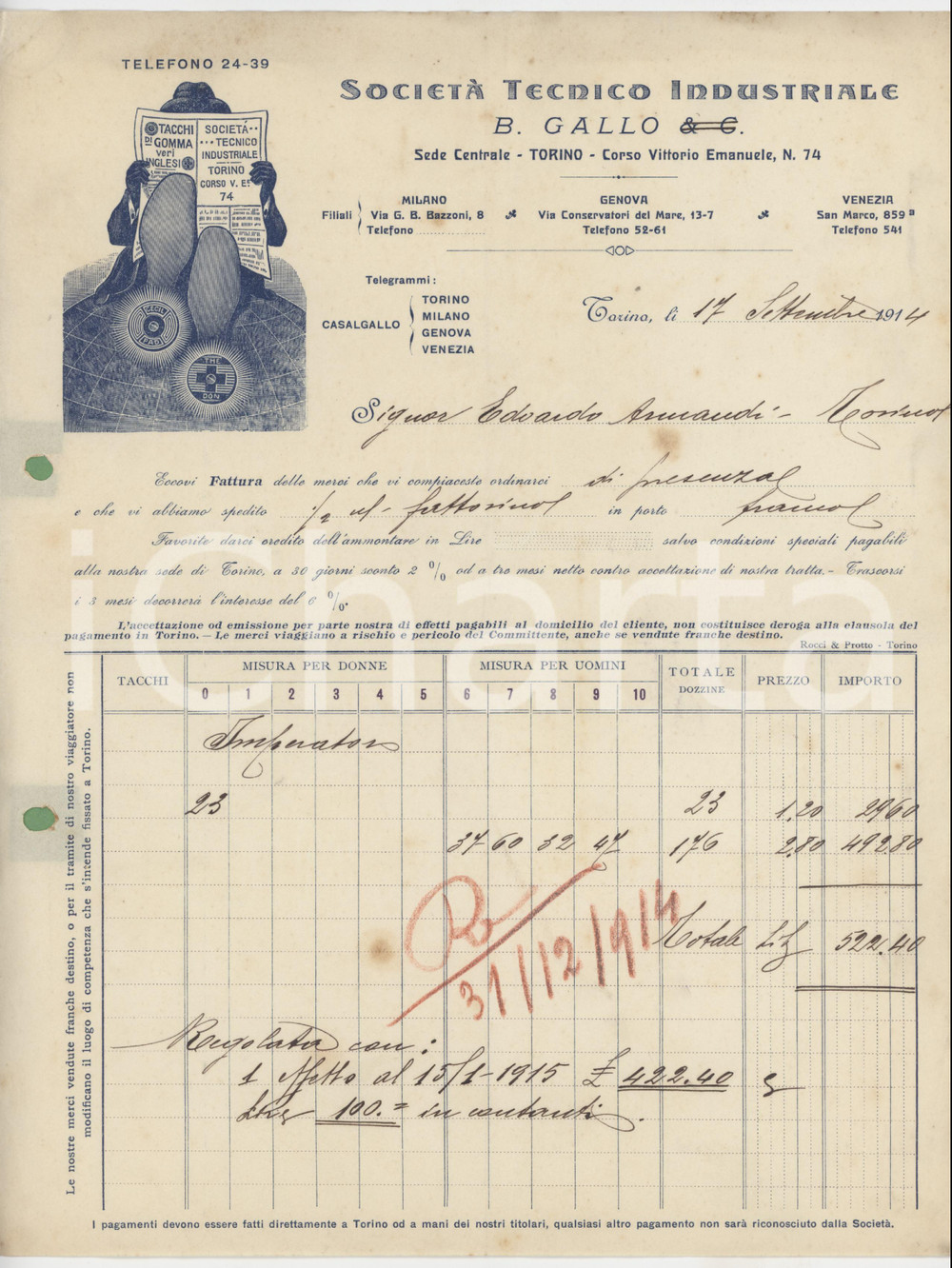 1914 TORINO C.so Vittorio Emanuele 74 B. GALLO Tacchi di gomma inglesi - Fattura