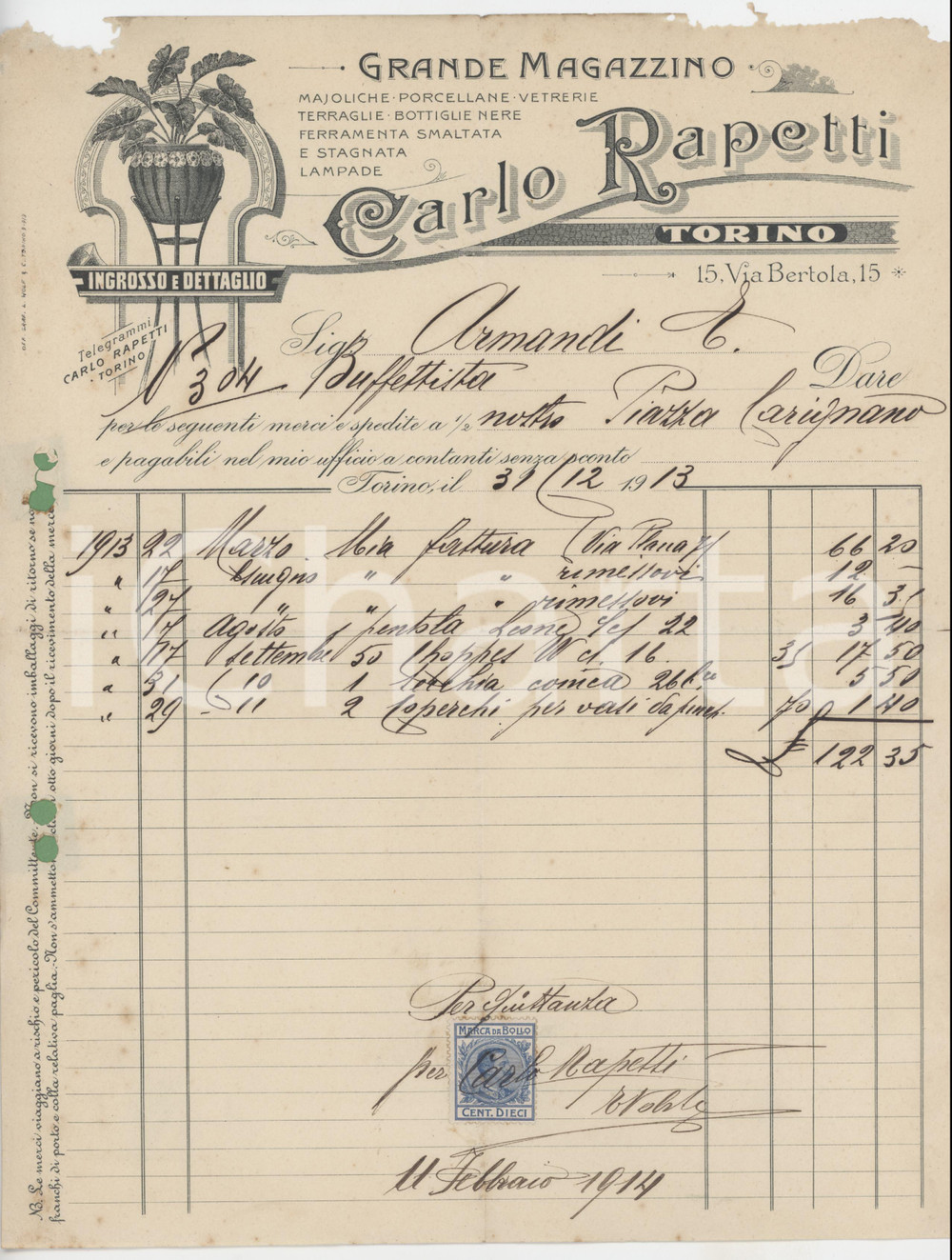 1914 TORINO Via Bertola 15 Carlo RAPETTI Majoliche Porcellane Vetrerie - Fattura