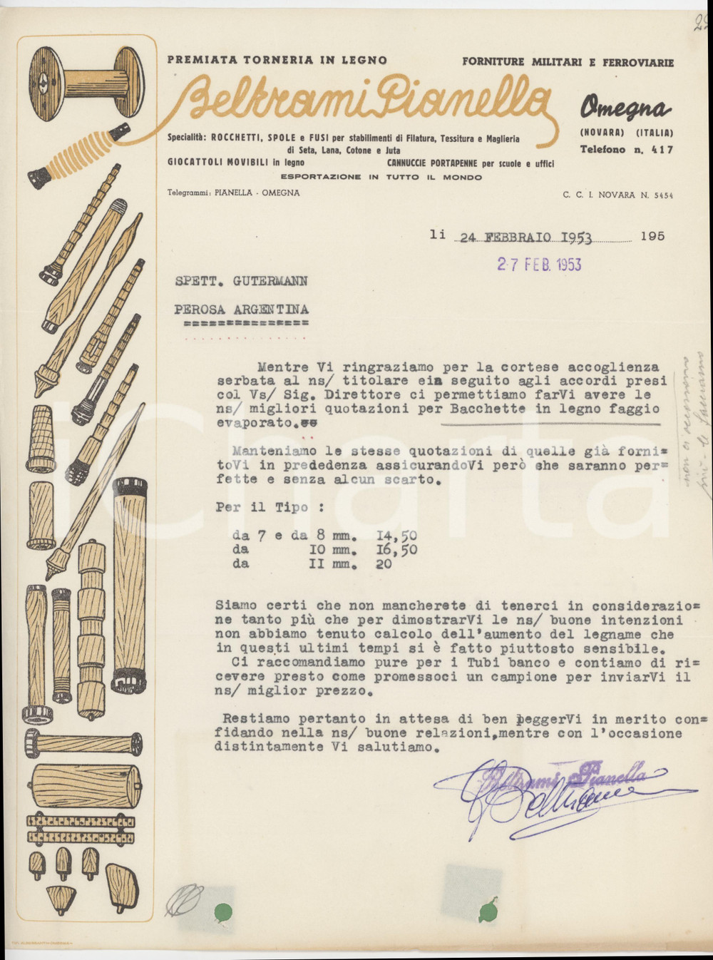 1953 OMEGNA (VB) BELTRAMI PIANELLA Premiata Torneria in legno - Lettera