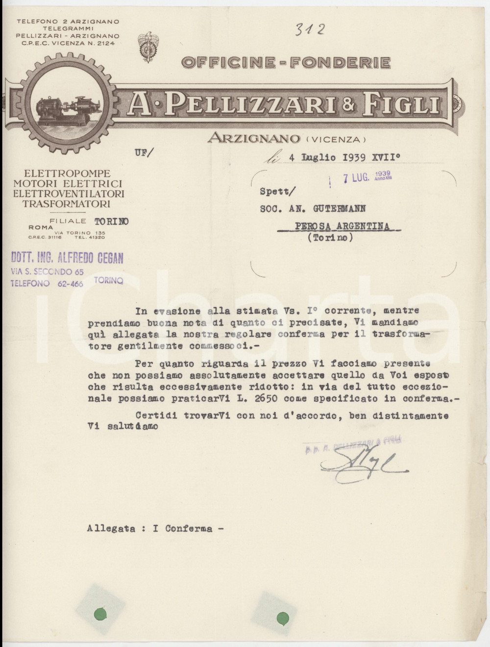 1939 ARZIGNANO (VI) A. PELLIZZARI & Figli Officine Fonderie *Lettera commerciale