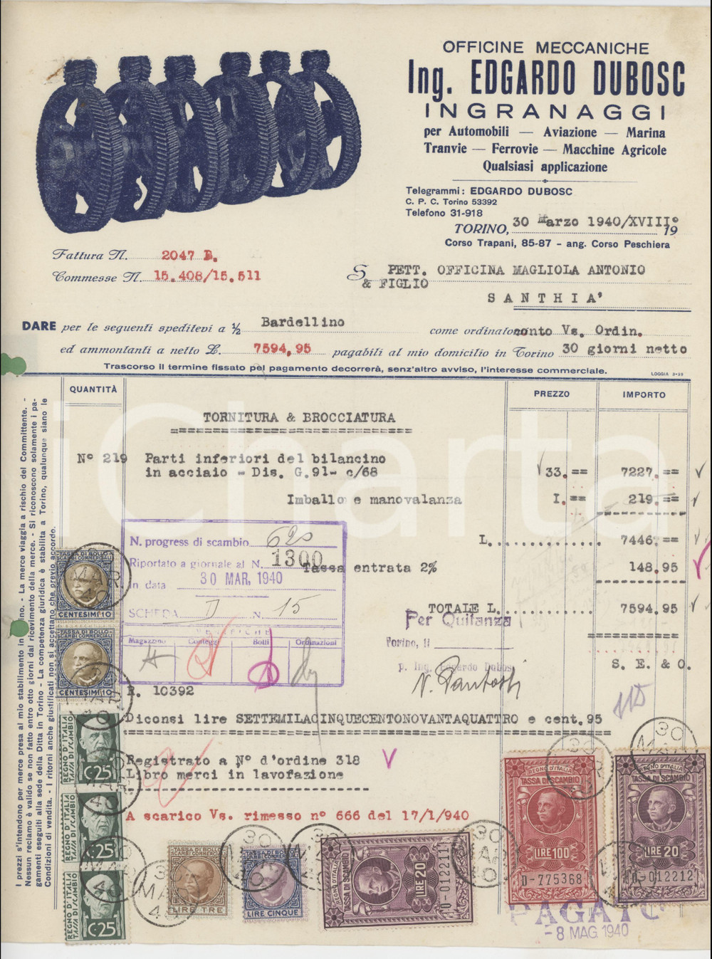 1940 TORINO Corso Trapani 85-87 Ing. Edgardo DUBOSC Officine meccaniche *Fattura Fattura commerciale d'epoca dattiloscritta, su carta intestata.Torino, Corso Trapani 85-87 - ang. Corso Peschiera.Presenti marche da bollo.PAGINE: 1 FAIR/discreto piegature d'epoca; fori da classificatore; piccoli fori da spillatura Formato: 23x29 cm originale e autentica 1