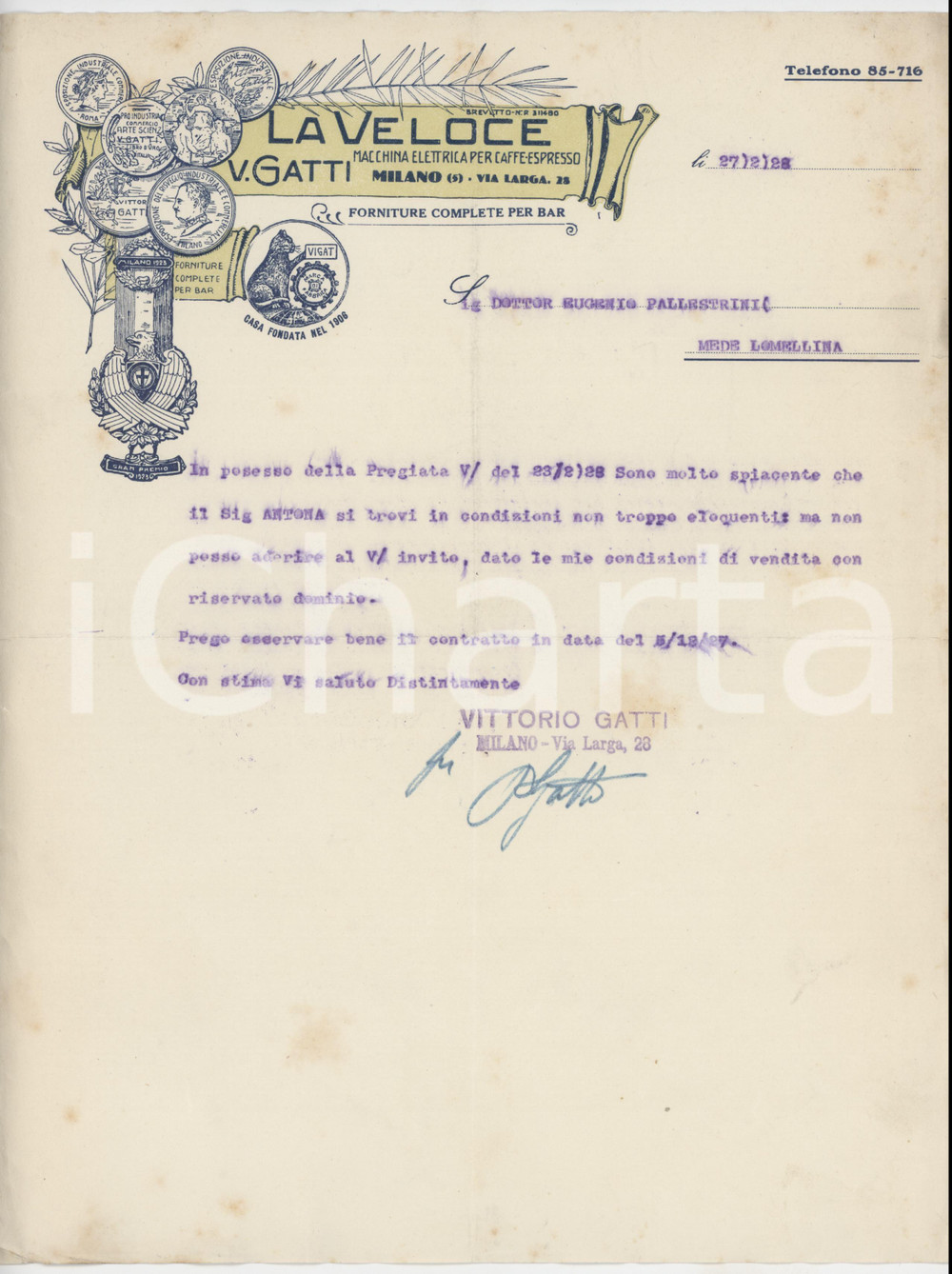 1928 MILANO Via Larga 23 - Vittorio GATTI Macchina per caffè LA VELOCE - Lettera