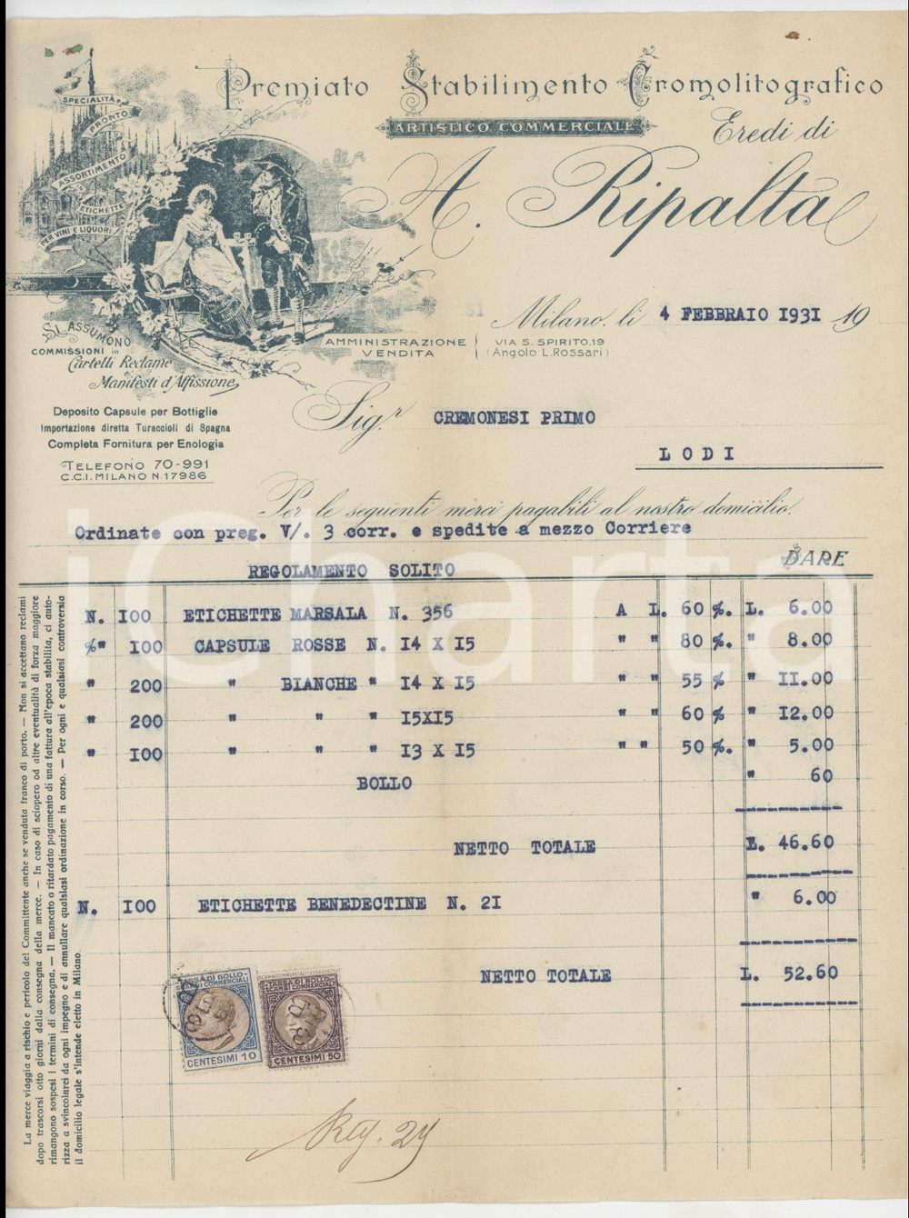 1931 MILANO Via S. Spirito 19 A. RIPALTA Stabilimento Cromolitografico *Fattura