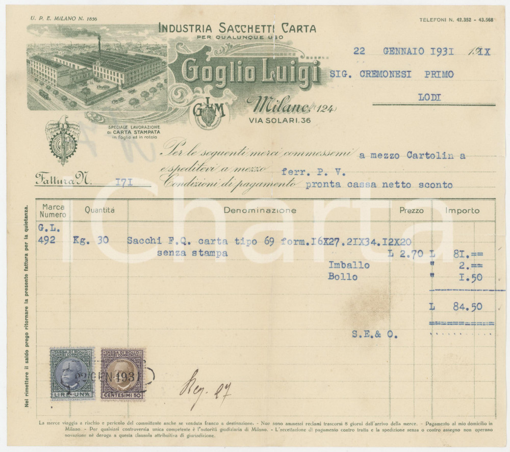 1931 MILANO Via Solari 36 - Luigi GOGLIO Industria sacchetti di carta - Fattura