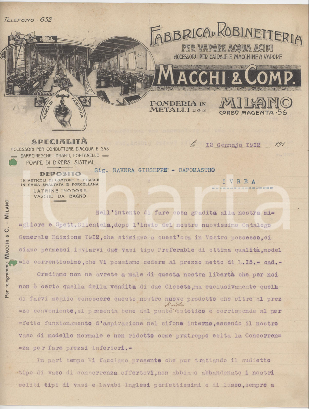 1912 MILANO Corso Magenta 56 - MACCHI & Comp. Fabbrica di robinetteria - Lettera