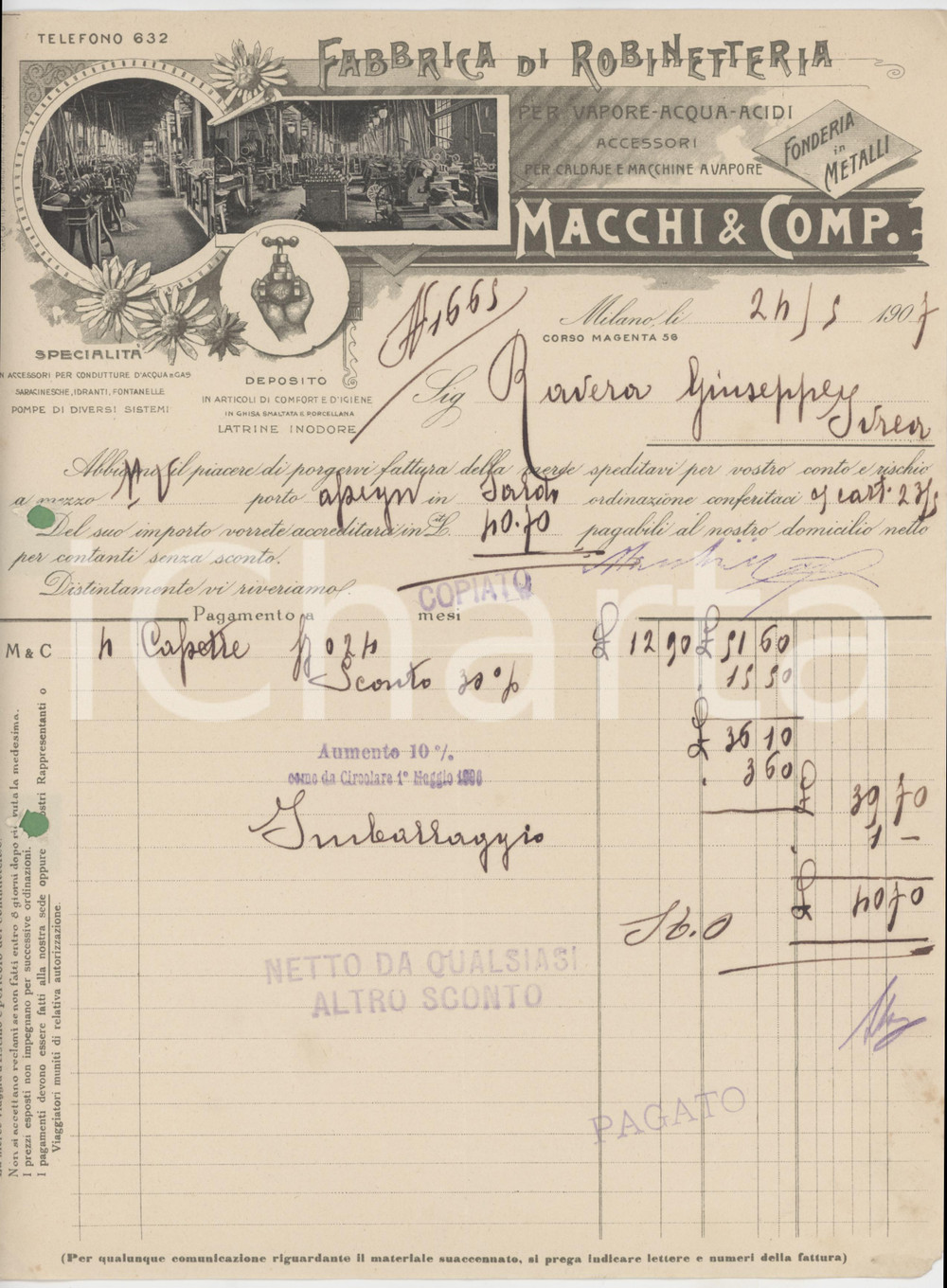 1907 MILANO Corso Magenta 56 - MACCHI & Comp. Fabbrica di robinetteria - Fattura