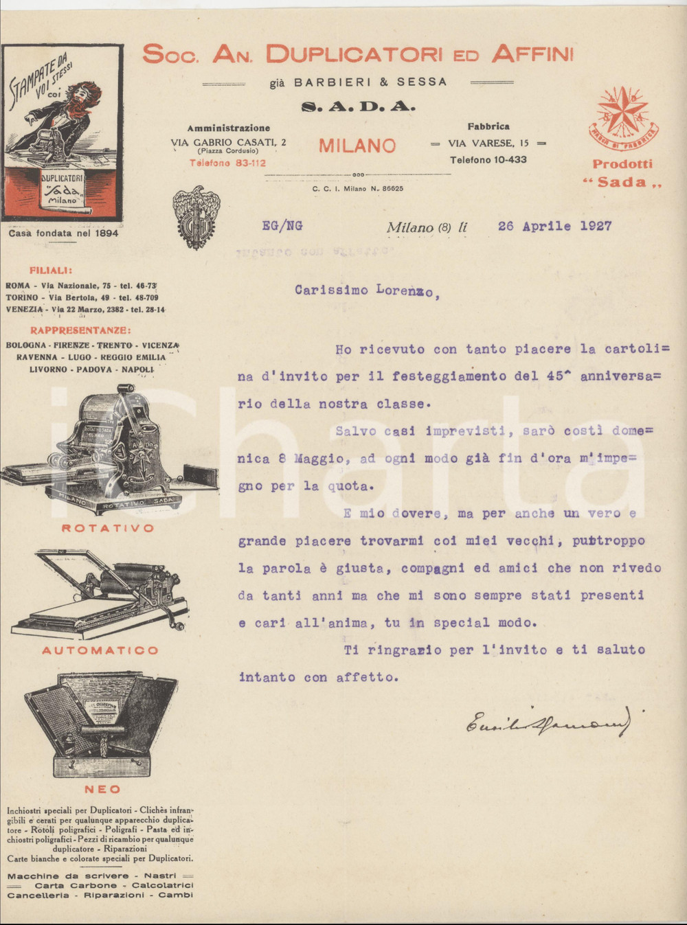 1927 MILANO Via G. Casati 2 - S.A.D.A. Soc. An. Duplicatori ed Affini - Lettera Lettera commerciale d'epoca dattiloscritta, su carta intestata illustrata.PAGINE: 1 FAIR/discreto piegature d'epoca Formato: 22x28 cm originale e autentica 1