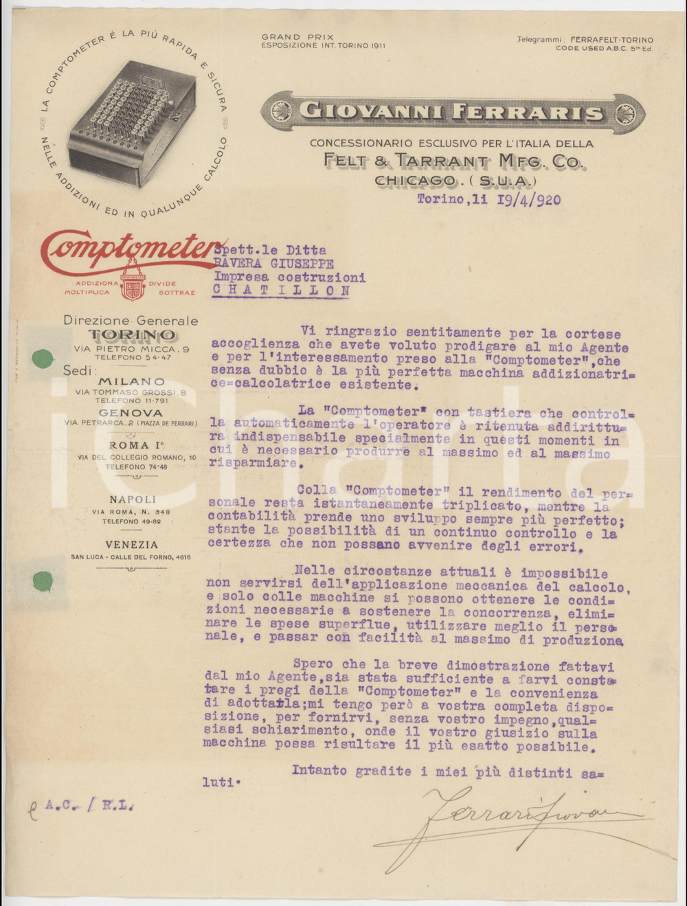 1920 TORINO Via P. Micca 9 Giovanni FERRARIS Addizionatrice COMPTOMETER *Lettera