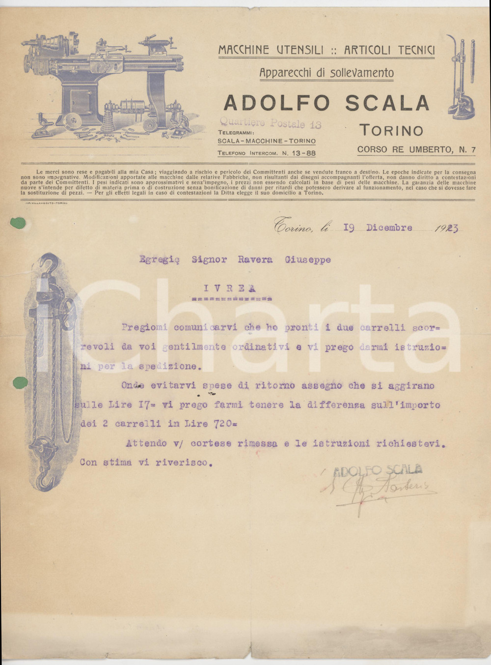 1923 TORINO Corso Re Umberto 7 Adolfo SCALA Apparecchi di sollevamento - Lettera