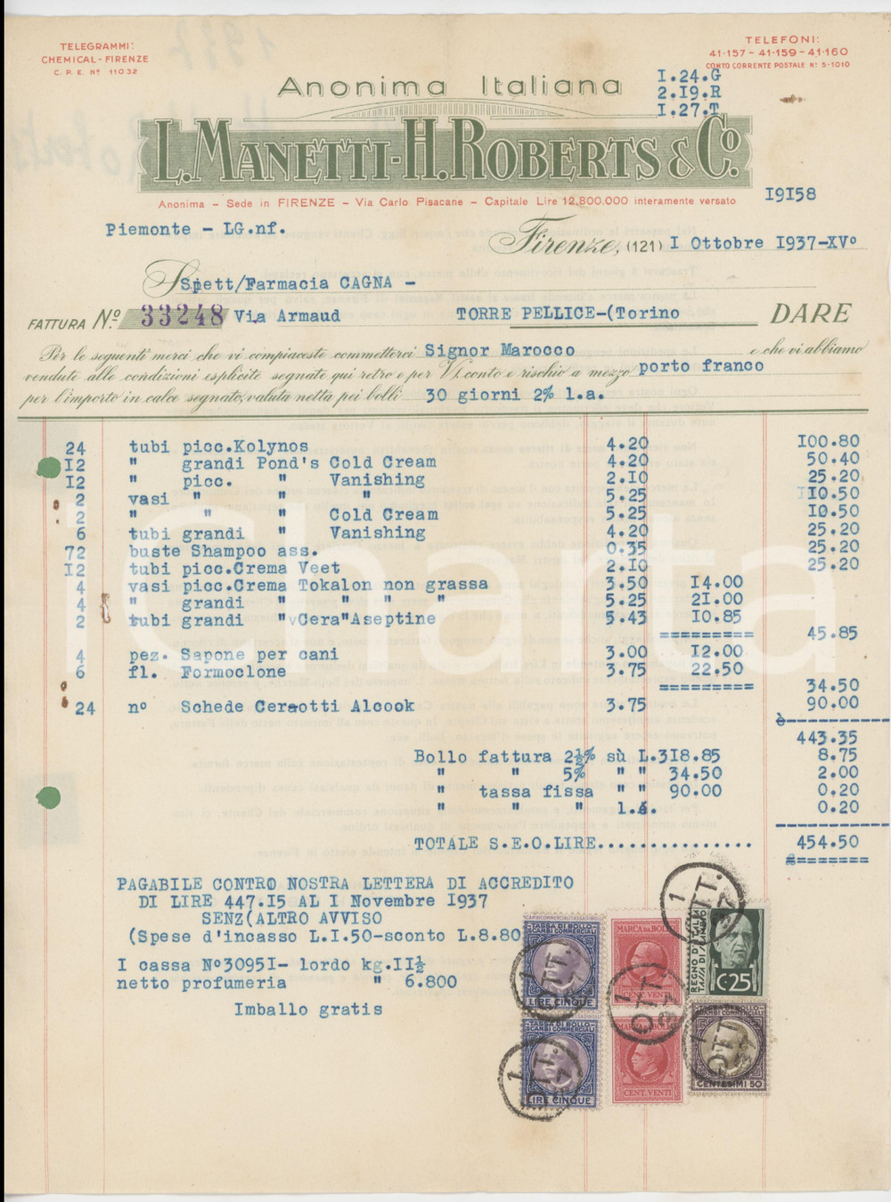 1937 FIRENZE Via Pisacane L. MANETTI - H. ROBERTS & C. Igiene personale *Fattura