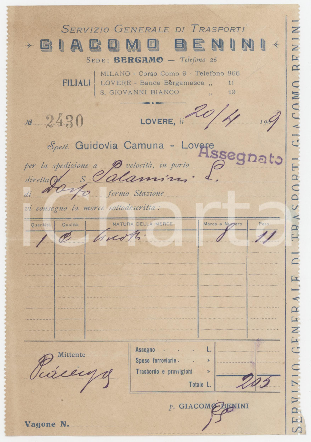 1909 LOVERE (BG) Giacomo BENINI Servizio Generale di Trasporti - Bolla consegna
