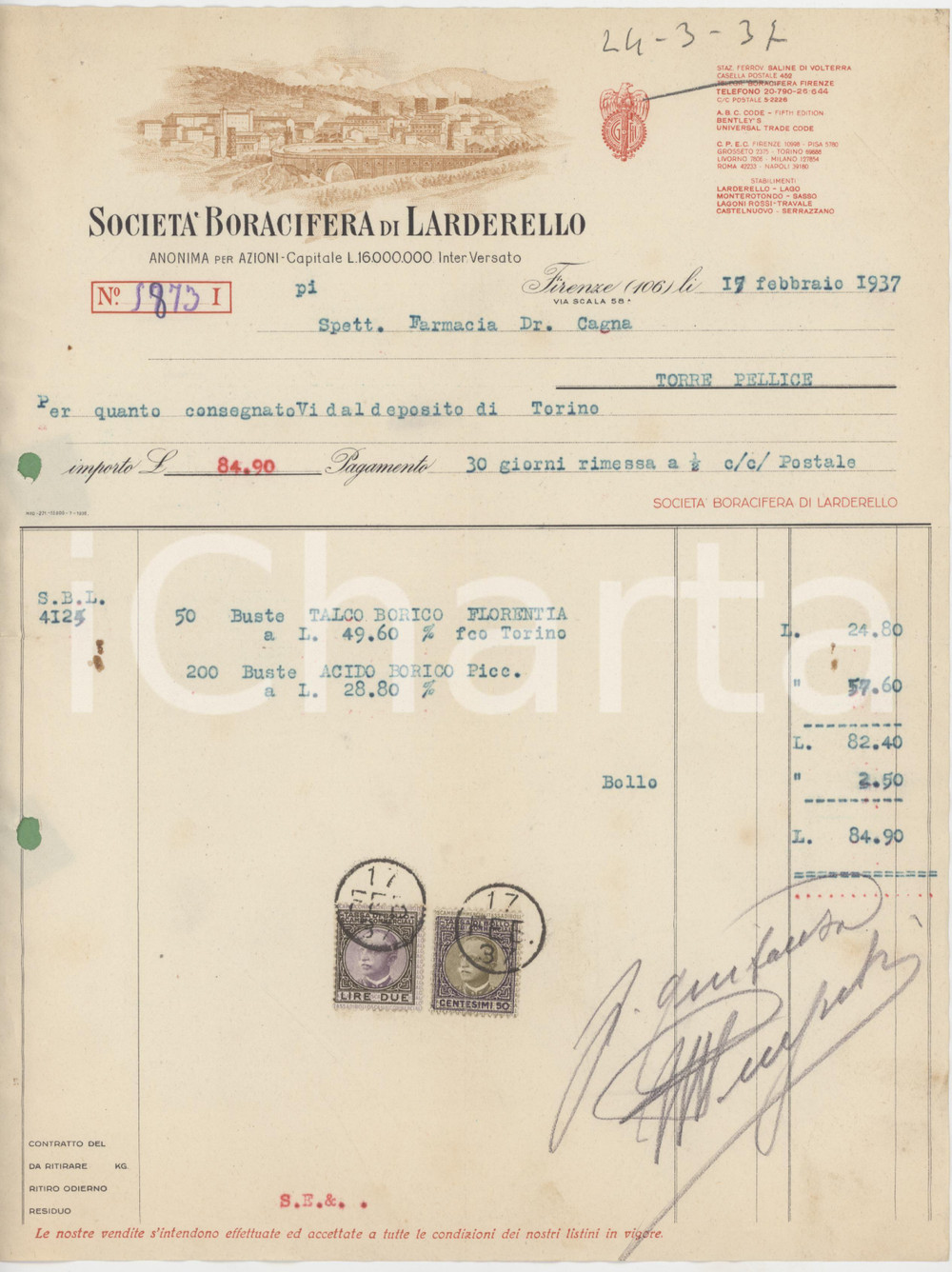 Documento originale, autentico 1937 FIRENZE Via Scala 58 SocietÃ  Boracifera di Larderello  Fattura commerciale 1