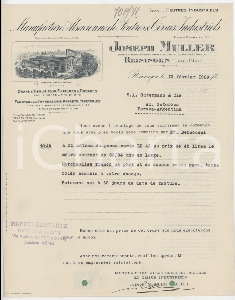 1929 REININGUE /REININGEN Joseph MULLER Manifacture Alsacienne Tissus *Lettre Lettera commerciale d'epoca dattiloscritta, su carta intestata.PAGINE: 2 facciate FAIR/discreto piegature d'epoca; fori da classificatore Formato: 21x27 cm originale e autentica 1