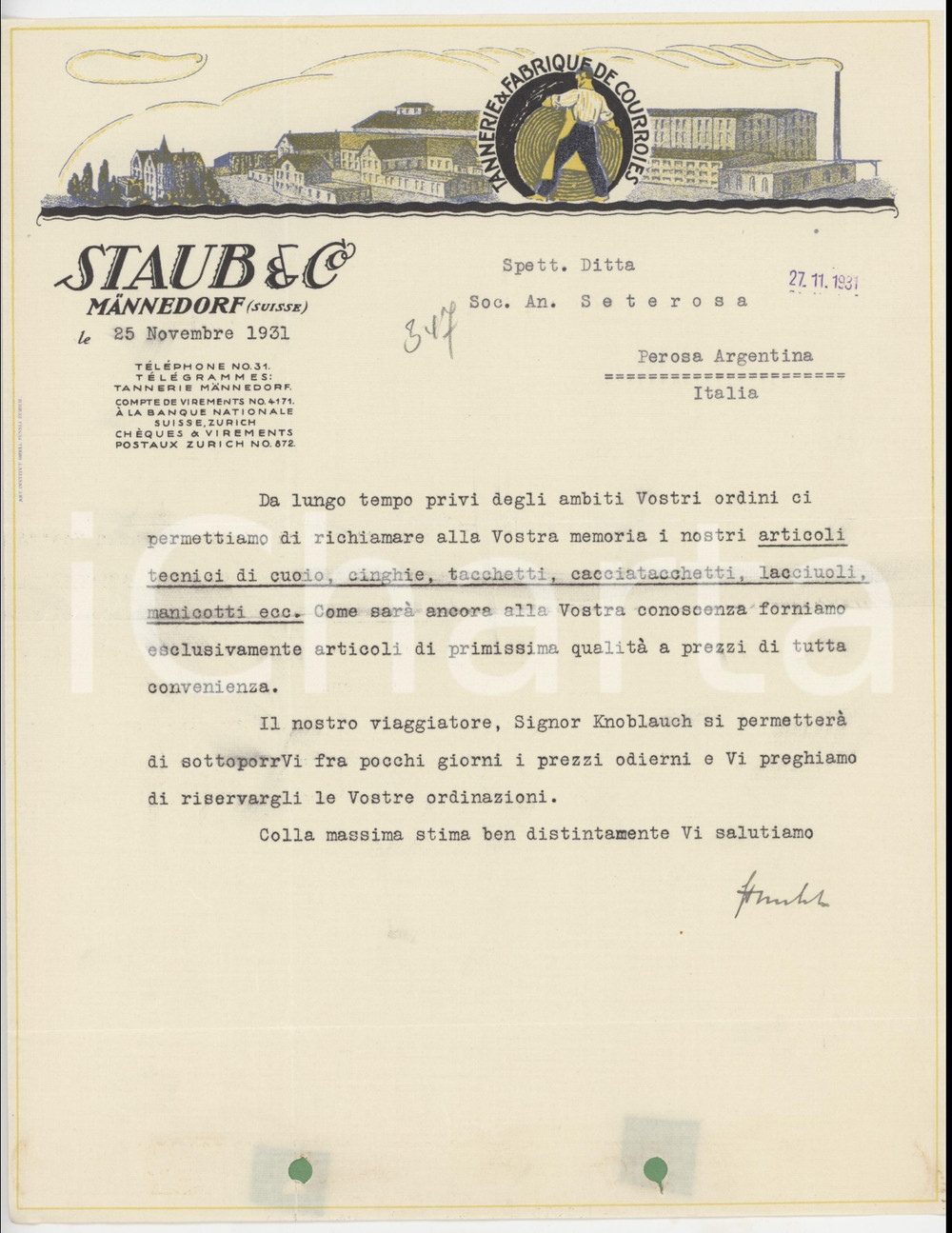 1931 MÃ„NNEDORF (SUISSE) STAUB & Co. Conceria e fabbrica di cinghie - Lettera Lettera commerciale d'epoca dattiloscritta, su carta intestata illustrata.PAGINE: 1 FAIR/discreto piegature d'epoca; fori da classificatore Formato: 21x27 cm originale e autentica 1