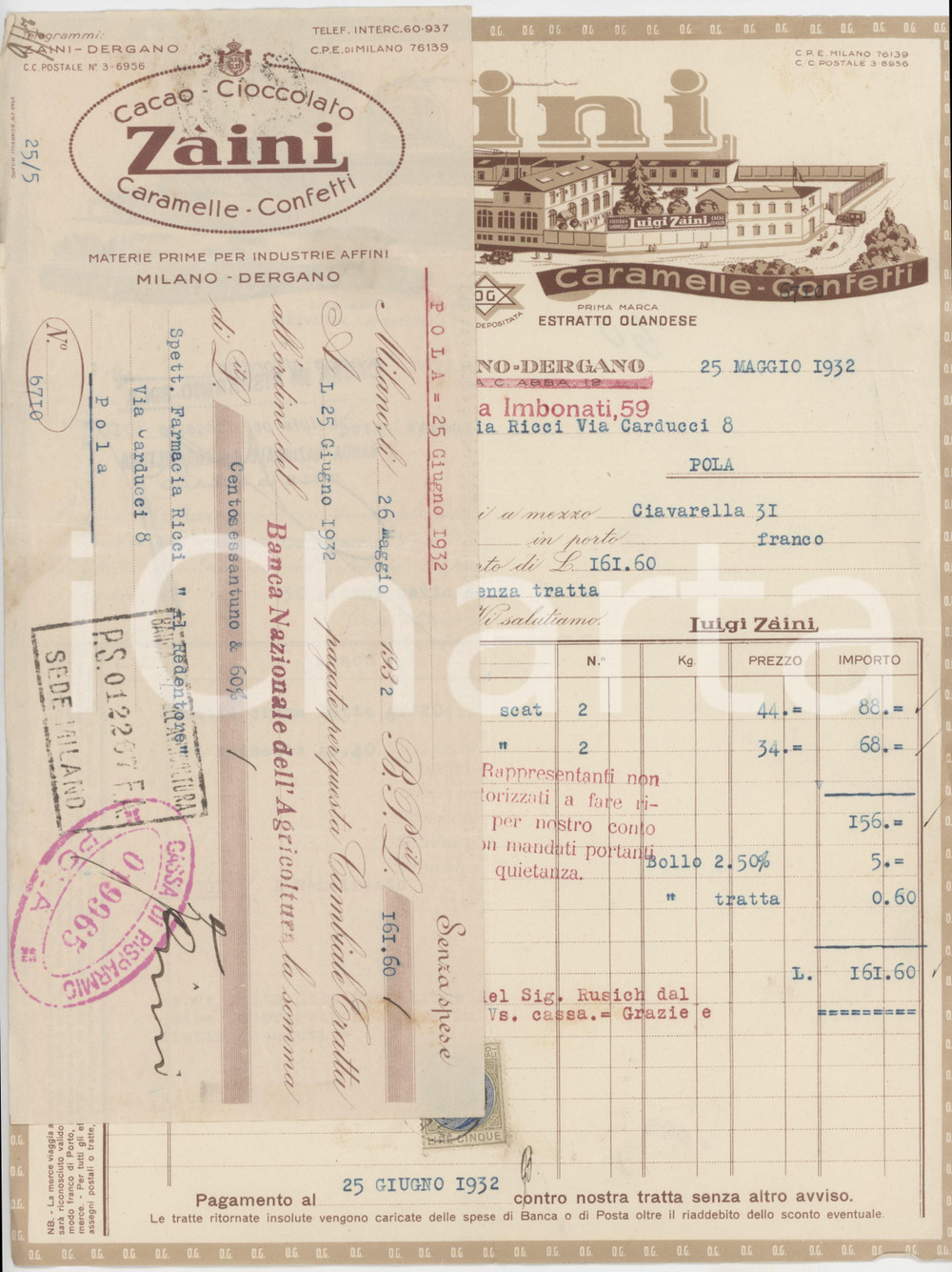 1932 MILANO Via Imbonati 59 ZÀINI Cioccolato - Fattura e cambiale pubblicitaria