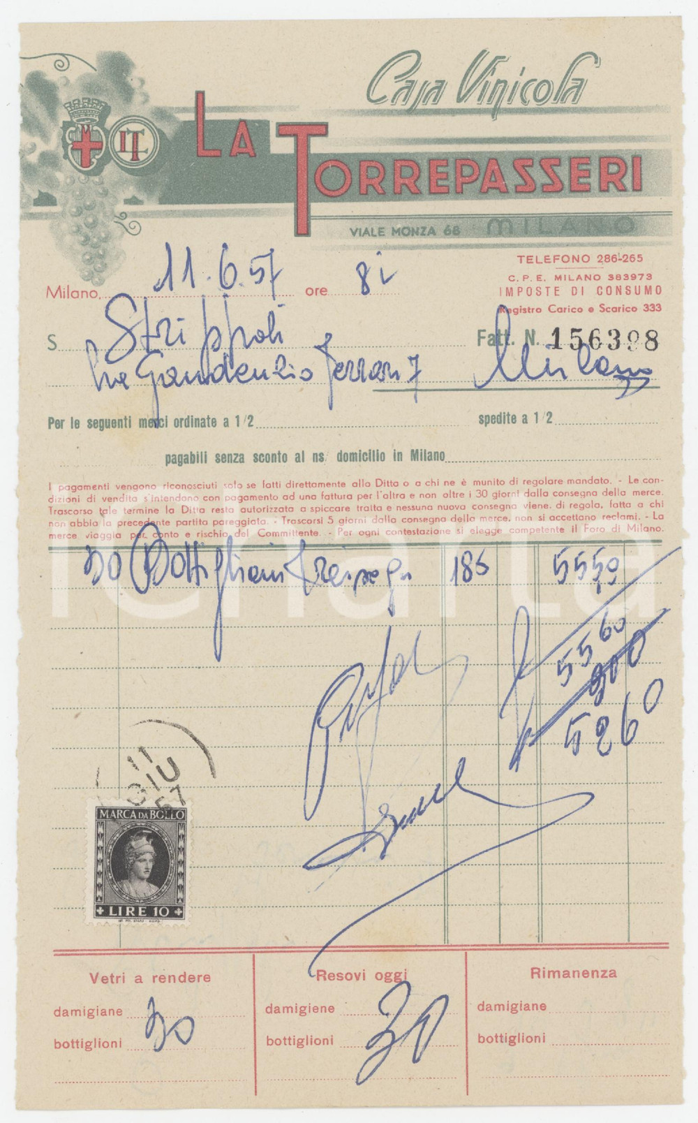 1957 MILANO Viale Monza 68 - LA TORREPASSERI Casa Vinicola - Fattura commerciale