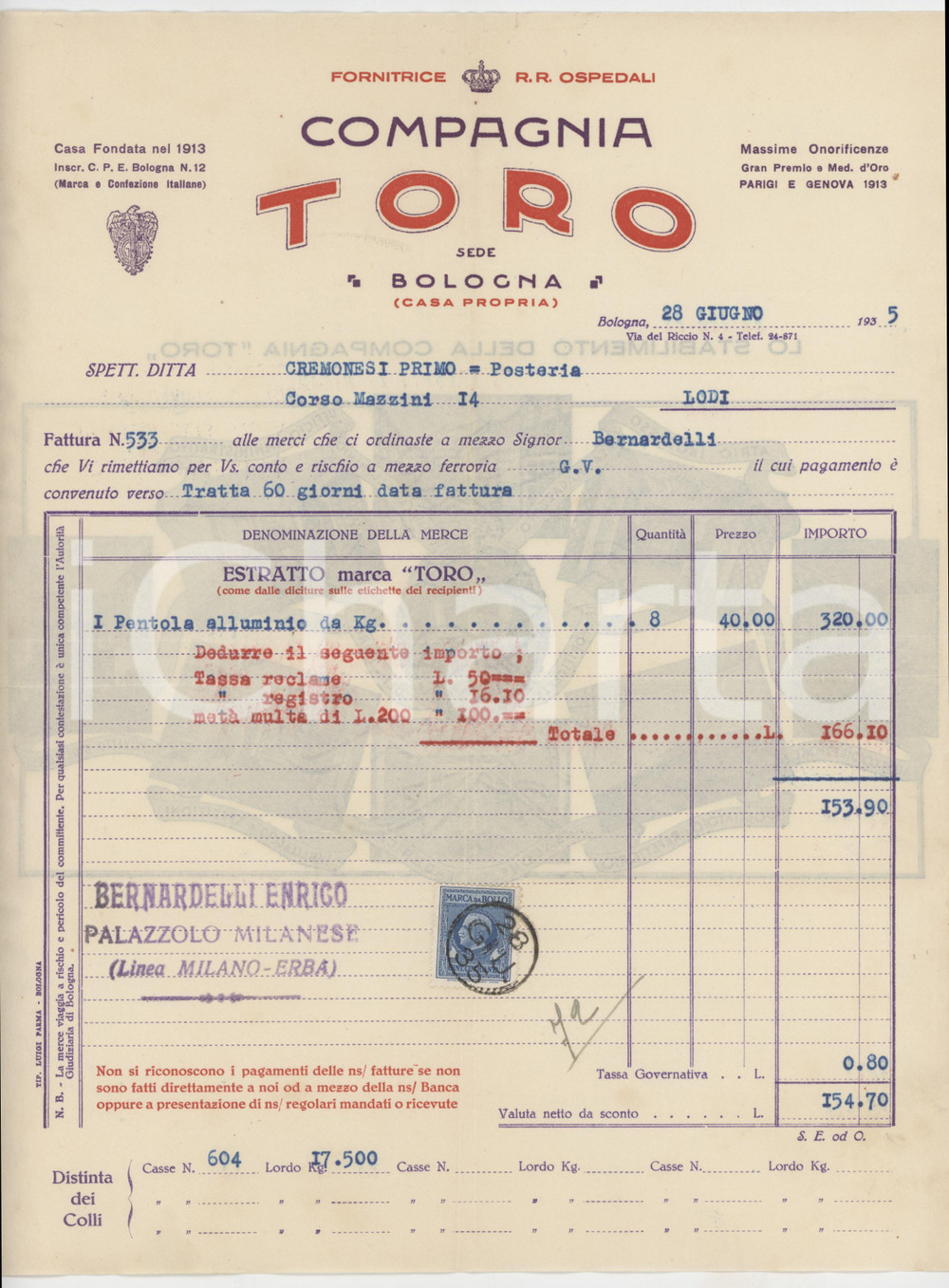 1935 BOLOGNA Via del Riccio 4 - TORO Fornitrice R.R. ospedali - Fattura pentole
