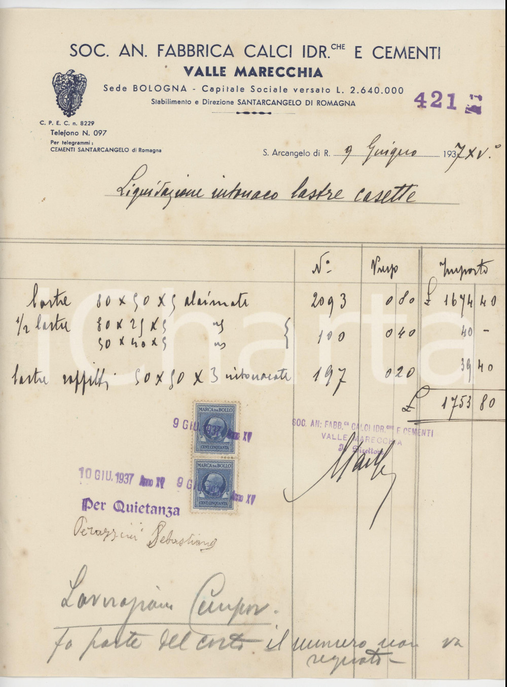 1937 Santarcangelo di Romagna VALLE MARECCHIA Fabbrica calci e cementi - Fattura
