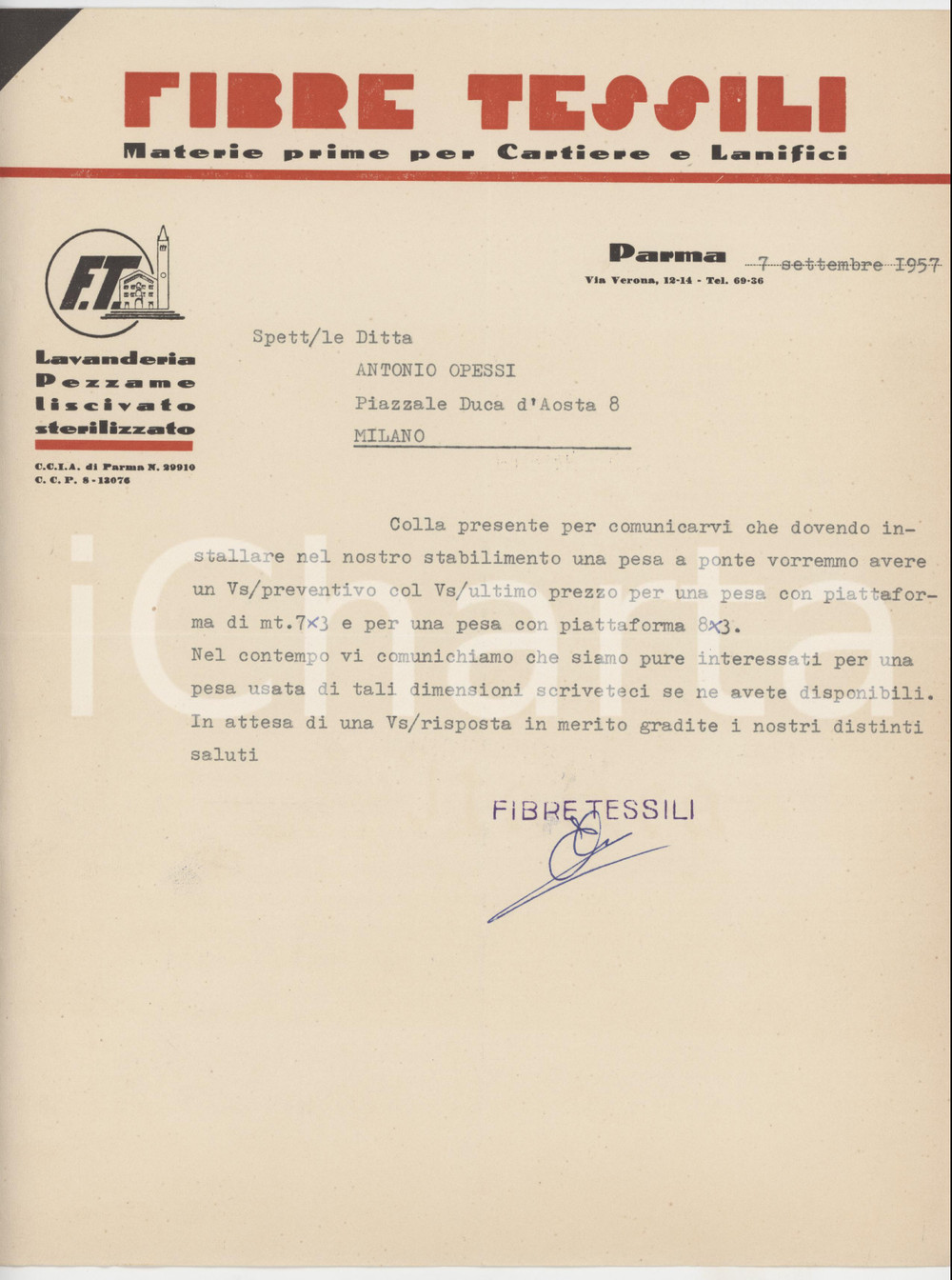 1957 PARMA Via Verona 12-14 FIBRE TESSILI per Cartiere e Lanifici - Lettera