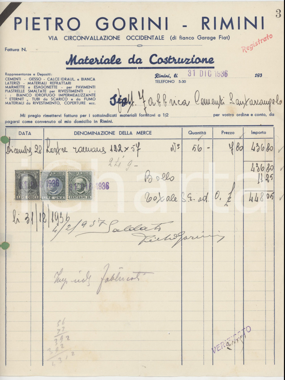1936 RIMINI Pietro GORINI Materiale da Costruzione - Fattura per lastre romane