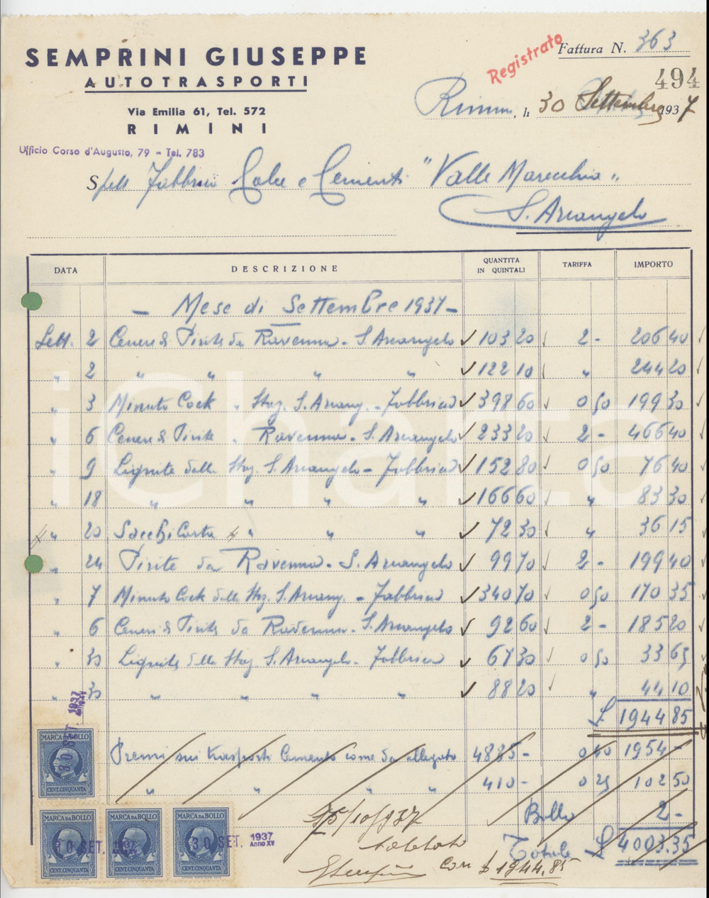 1937 RIMINI Via Emilia 61 Giuseppe SEMPRINI Autotrasporti - Fattura commerciale