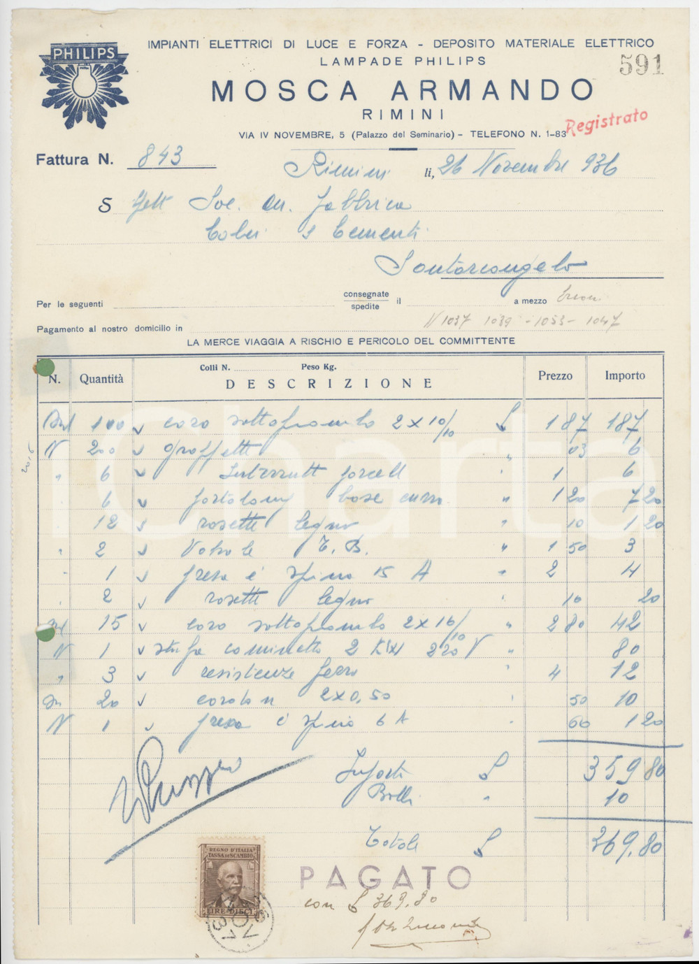 1937 RIMINI Via IV Novembre 5 - Armando MOSCA Impianti elettrici - Fattura
