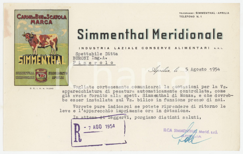 1954 APRILIA (LT) SIMMENTHAL MERIDIONALE Industria conserve alimentari - Lettera